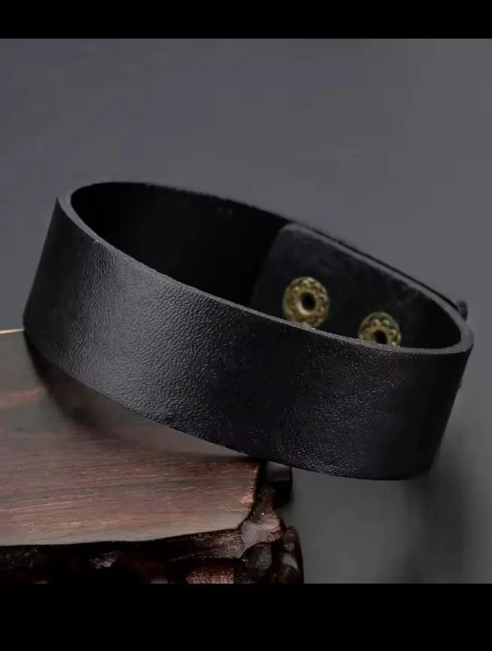 Men's Black Leather Snap‎ Cuff Bracelet - Minimalist Style